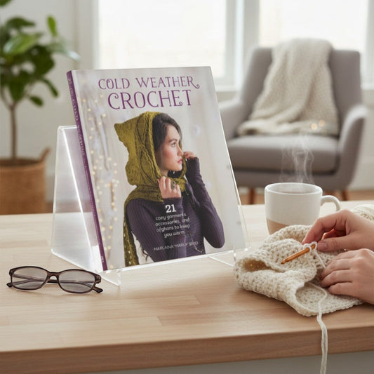 Patchwork with Busyfingers Cold Weather Crochet book featuring 21 cosy garment, accessory, and afghan patterns.