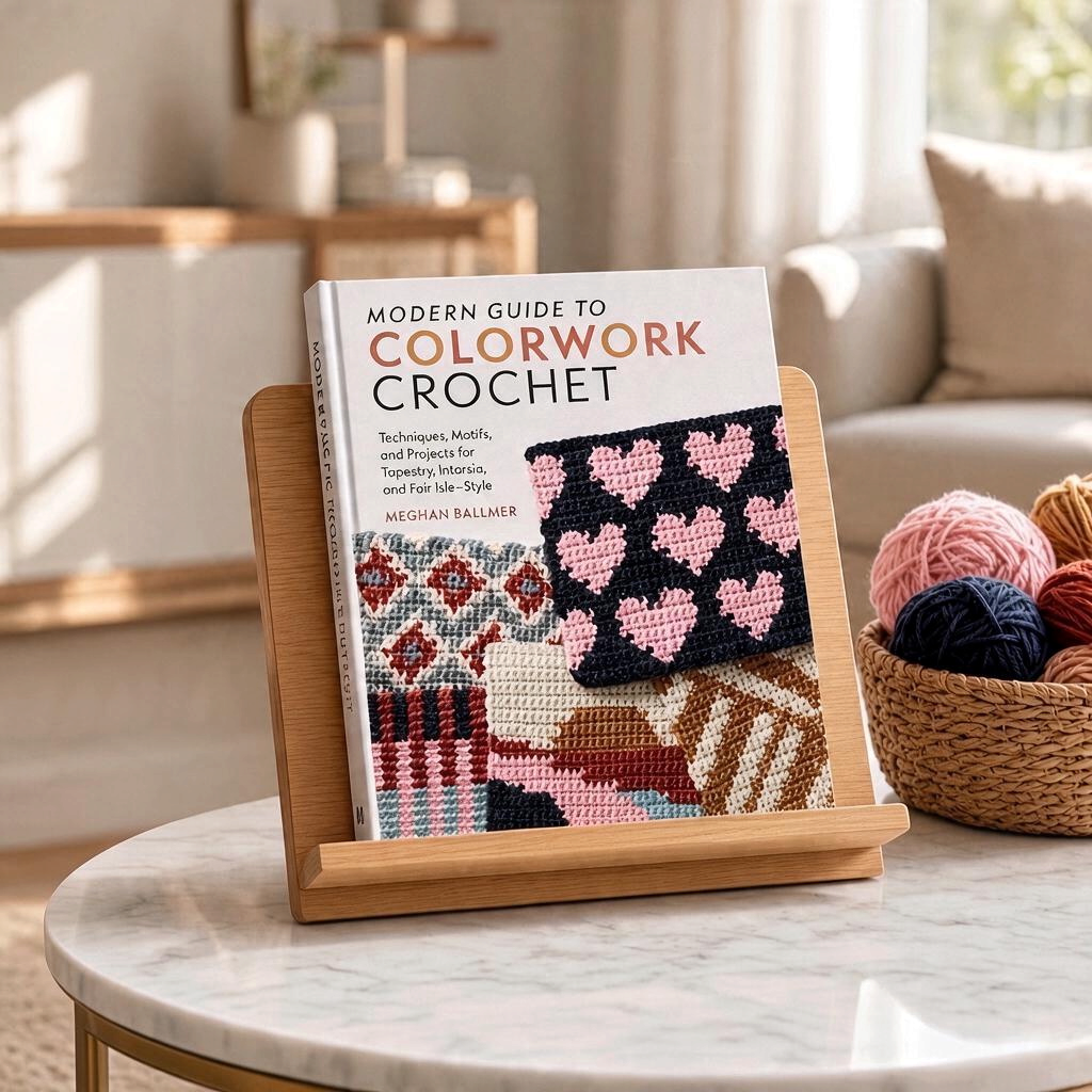 Patchwork with Busyfingers Modern Guide to Colorwork Crochet book displayed on a wooden stand with yarn nearby