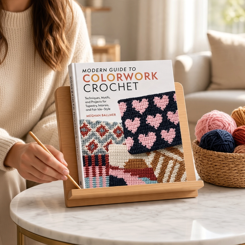 Patchwork with Busyfingers Modern Guide to Colorwork Crochet book on a wooden stand with yarn in a cozy room