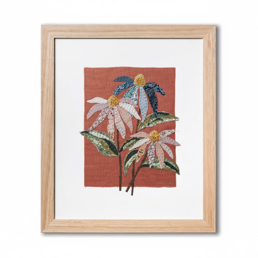 Patchwork with Busyfingers Coneflower slow stitching kit featuring fabric applique flowers on red clay linen canvas.