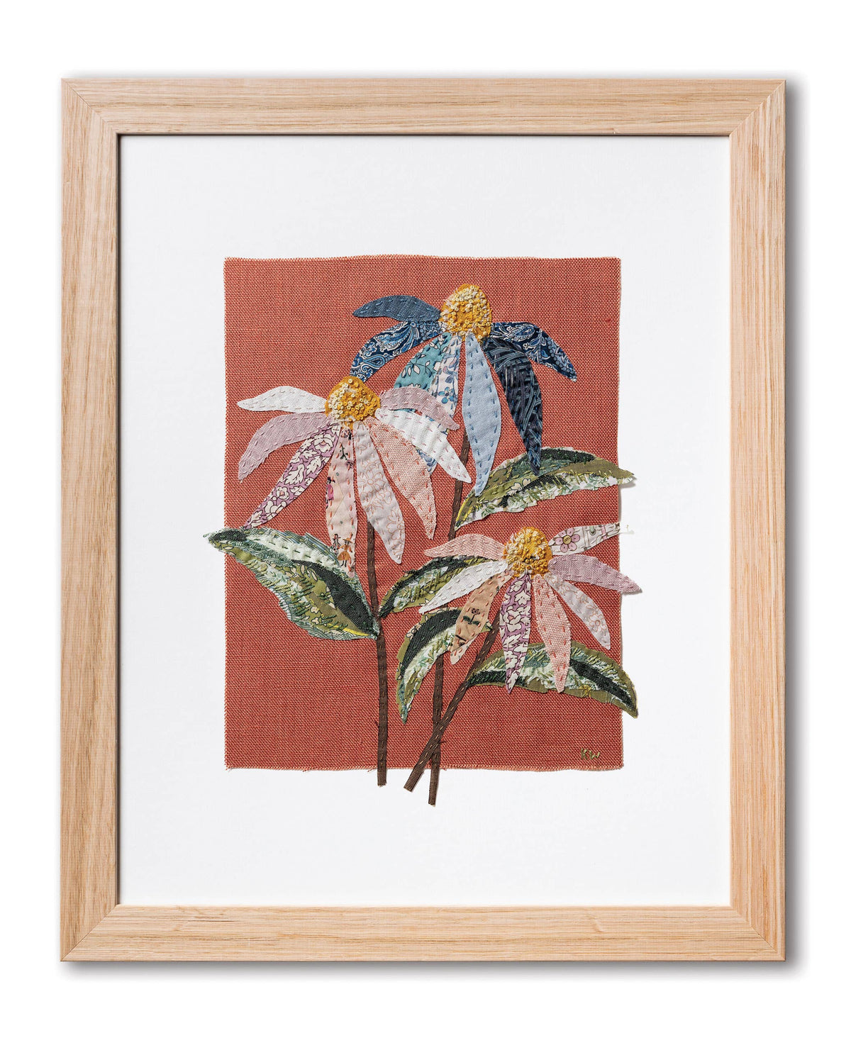 Patchwork with Busyfingers Coneflower slow stitching kit featuring pastel fabric flowers on red clay linen in a frame