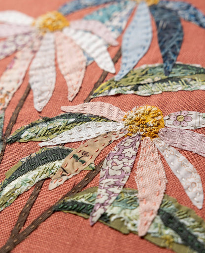 Patchwork with Busyfingers Coneflower Slow Stitching Kit featuring floral applique on red clay linen with embroidery