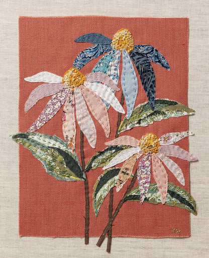 Patchwork with Busyfingers coneflower slow stitching kit featuring pastel fabric flowers on red clay linen canvas.