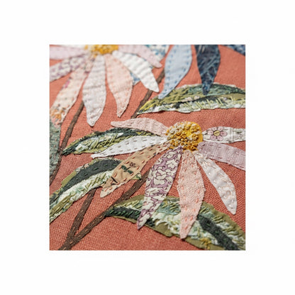 Patchwork with Busyfingers Coneflower Slow Stitching Kit featuring pastel fabric flowers on red clay linen canvas