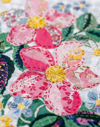 Patchwork with Busyfingers Cottage Posy slow stitching kit featuring floral applique with Liberty London fabrics.
