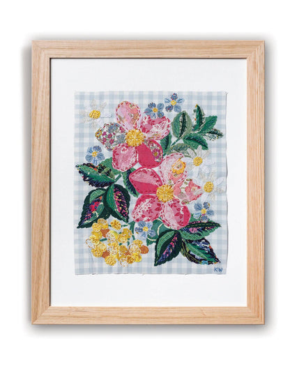 Patchwork with Busyfingers Cottage Posy slow stitching kit featuring floral fabric applique on blue gingham background