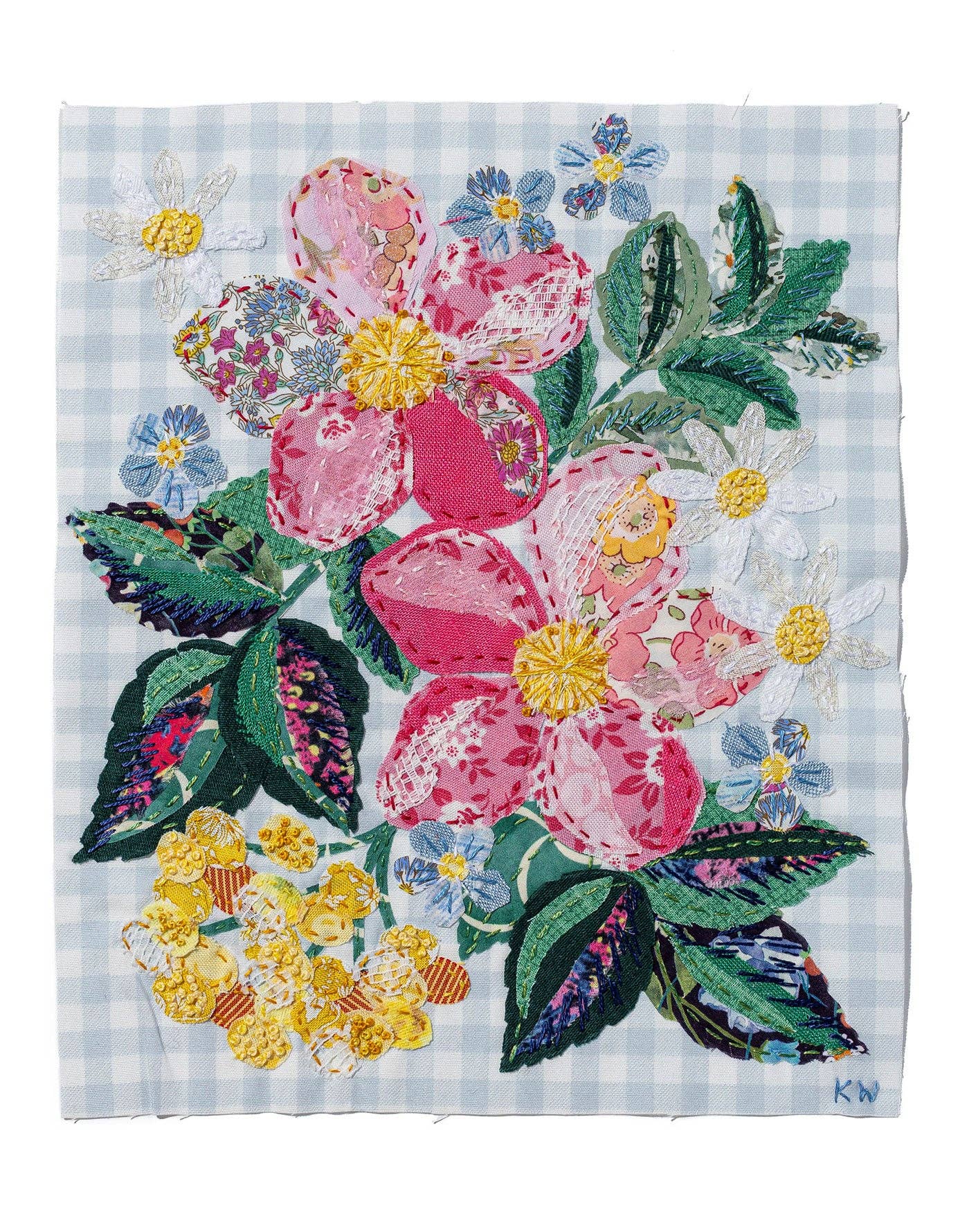 Patchwork with Busyfingers Cottage Posy slow stitching kit featuring floral applique on baby blue gingham fabric