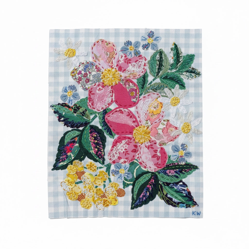 Patchwork with Busyfingers Cottage Posy slow stitching kit featuring floral applique on baby blue gingham fabric.