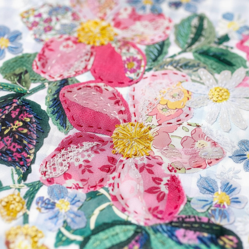 Patchwork with Busyfingers Cottage Posy slow stitching kit featuring floral applique with Liberty London fabrics.