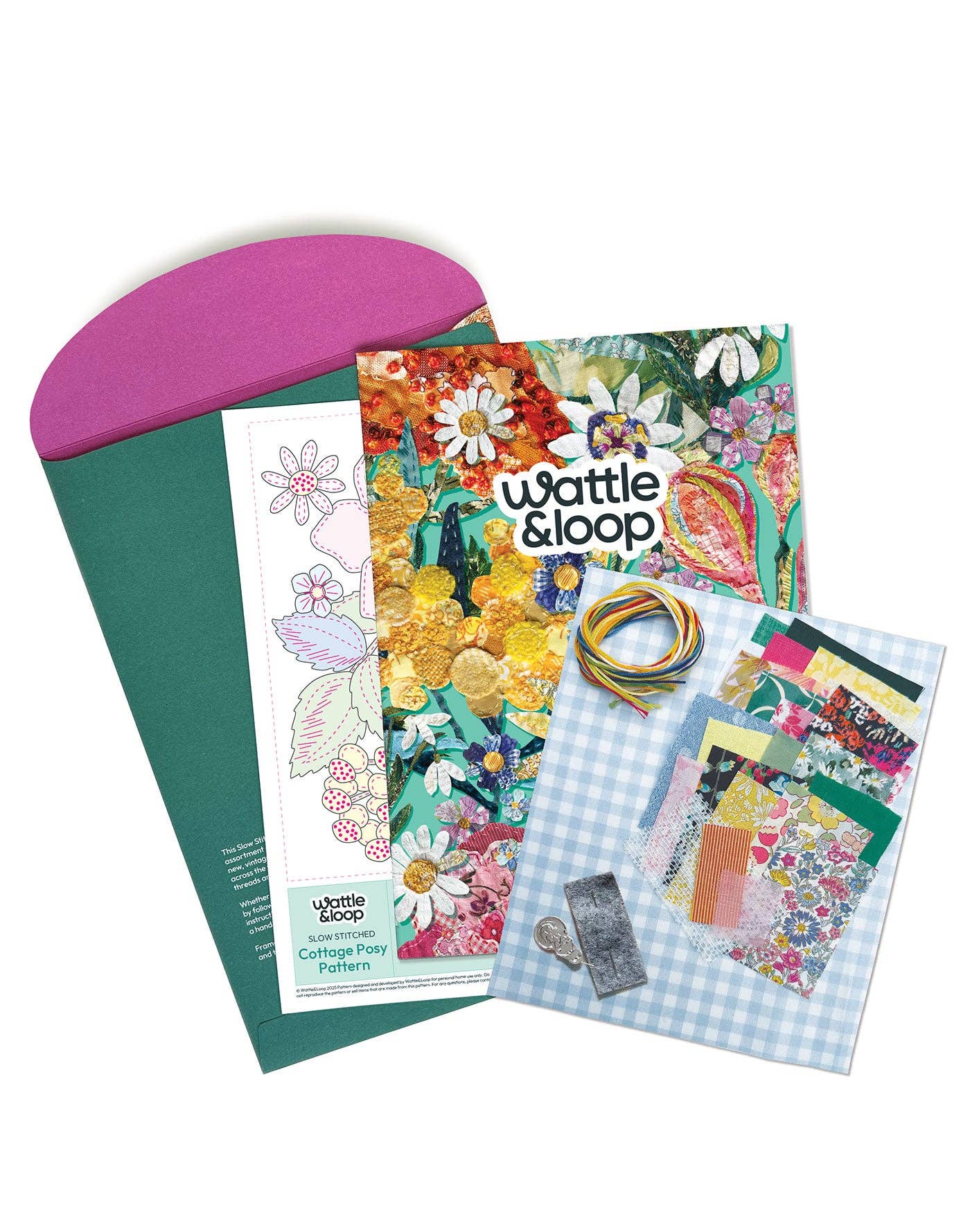 Patchwork with Busyfingers Cottage Posy slow stitching kit with Liberty London fabrics, threads, and pattern booklet.