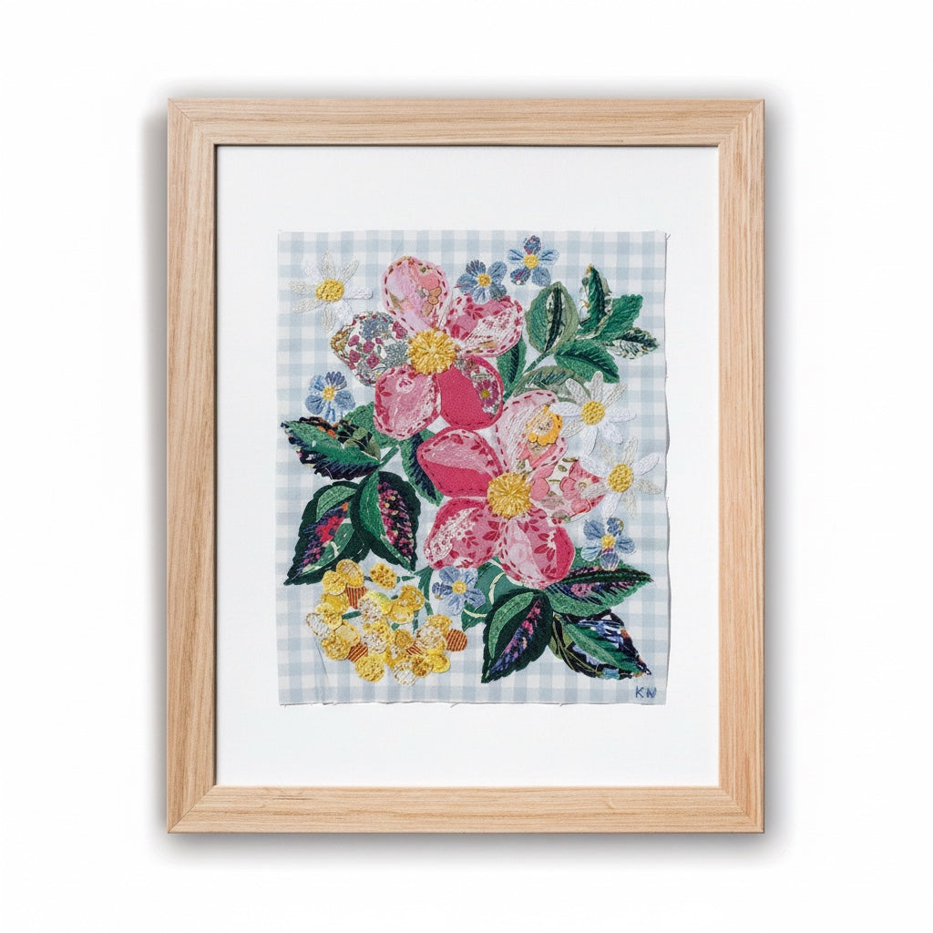 Patchwork with Busyfingers Cottage Posy slow stitching kit featuring floral embroidery on baby blue gingham fabric.