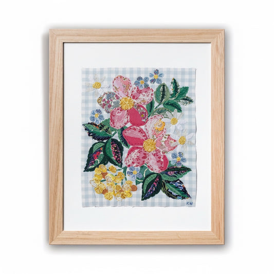 Patchwork with Busyfingers Cottage Posy slow stitching kit featuring floral embroidery on baby blue gingham fabric.