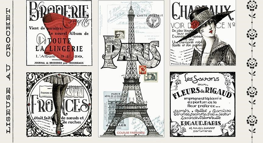 Patchwork with Busyfingers Couturiere Parisienne cream fabric panel featuring vintage French fashion illustrations