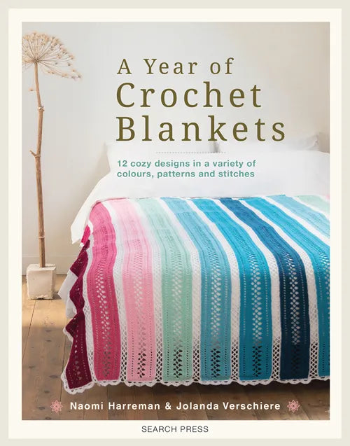 Patchwork with Busyfingers A Year of Crochet Blankets book cover featuring a colorful striped crochet blanket