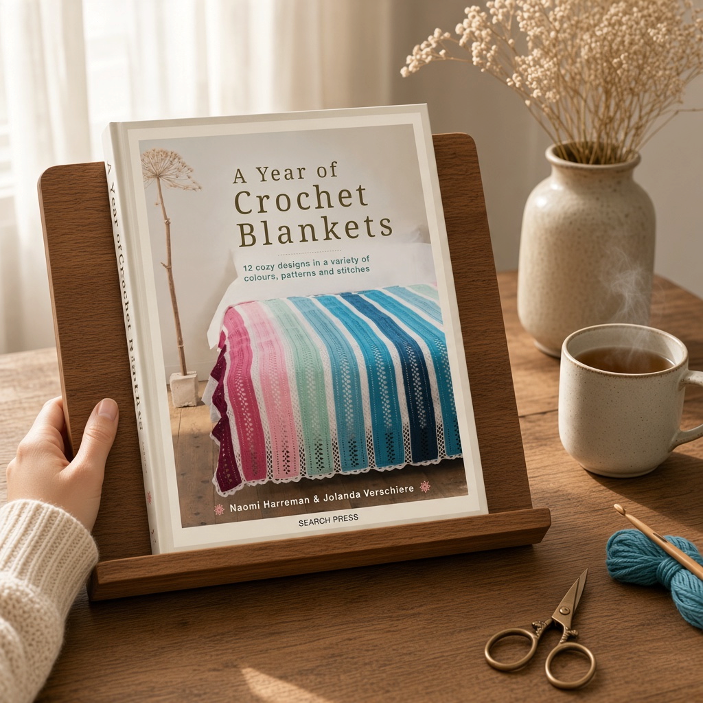 Patchwork with Busyfingers A Year of Crochet Blankets book displayed on a wooden stand with yarn and tea nearby.