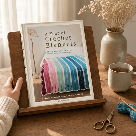 Patchwork with Busyfingers A Year of Crochet Blankets book displayed on a wooden stand with yarn and tea nearby.