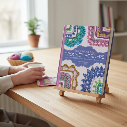 Patchwork with Busyfingers Every Which Way Crochet Borders book cover featuring colorful crochet edgings in pink, purple, green, blue, and cream.