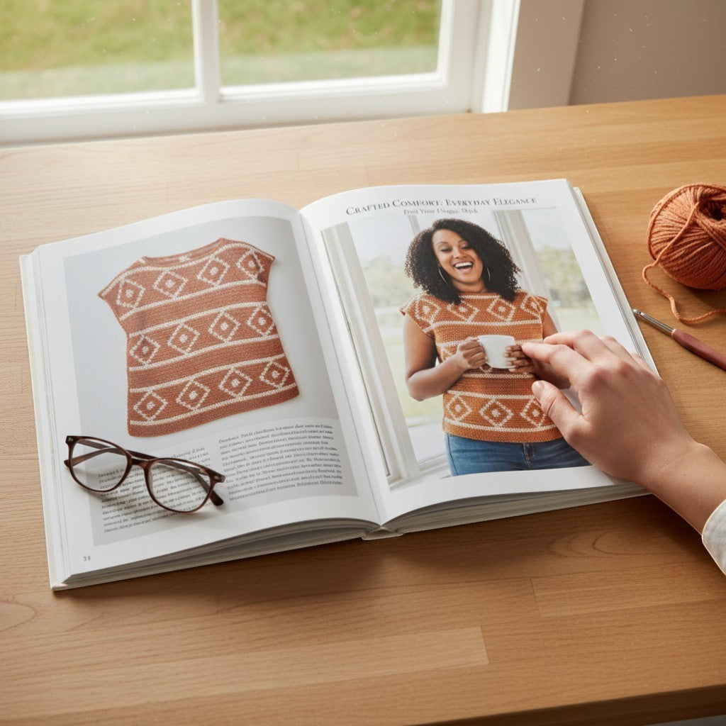 Patchwork with Busyfingers Crochet Wolorwork Made Easy Book featuring a woman in a rust orange and cream diamond pattern crochet top.