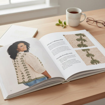 Patchwork with Busyfingers Crochet Wolorwork Made Easy Book, beige cardigan with green leaf pattern
