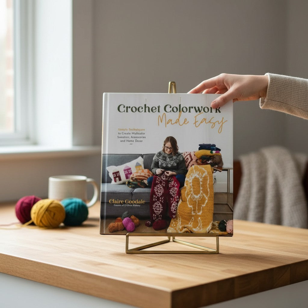 Patchwork with Busyfingers Crochet Colorwork Made Easy book by Claire Goodale, teaching multicolor crochet techniques for sweaters, accessories, and home decor.