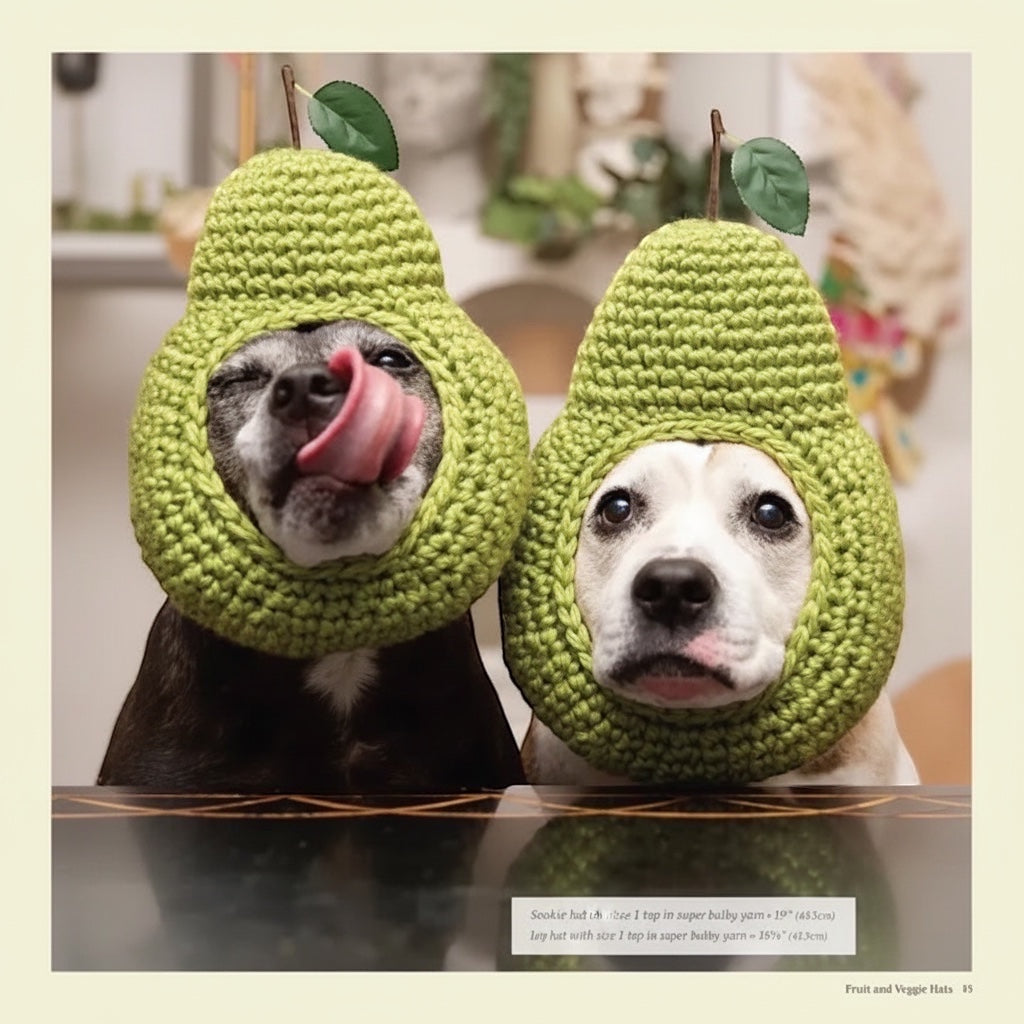 Two dogs wearing green crocheted avocado hats from the Patchwork with Busyfingers Crochet Cute Dog Hats book.