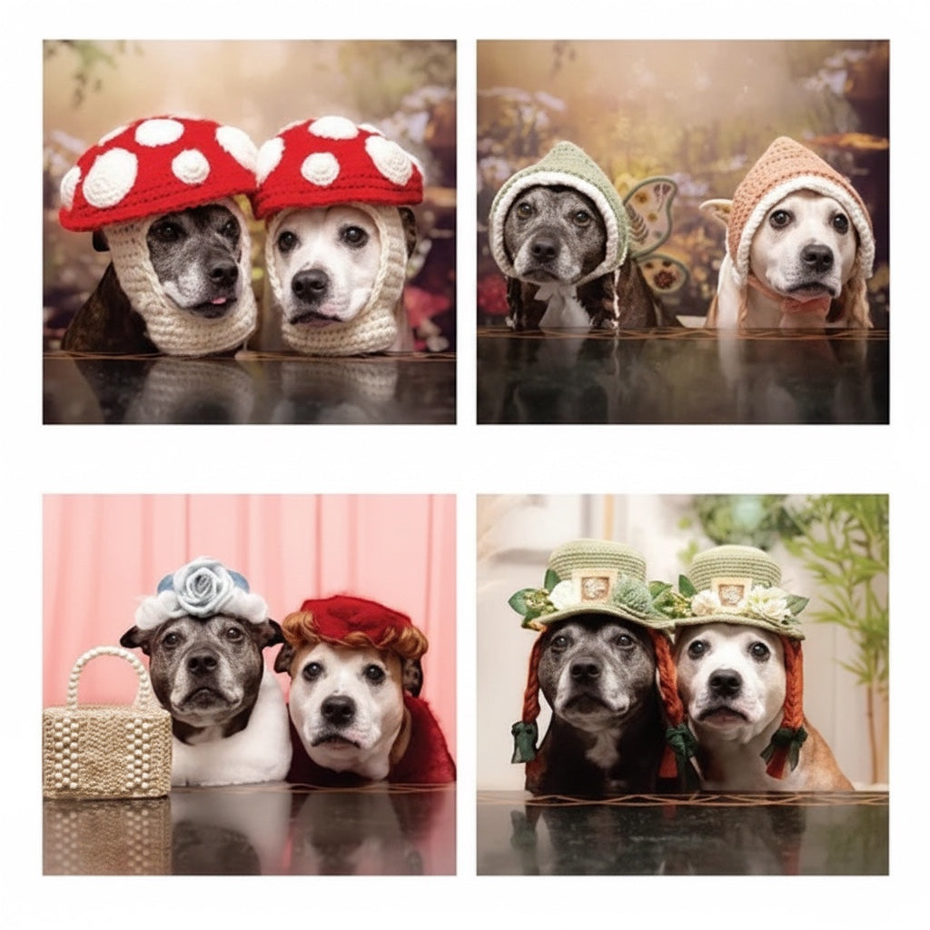 Patchwork with Busyfingers Crochet Cute Dog Hats book featuring Sookie and Ivy wearing various handmade crochet hats.