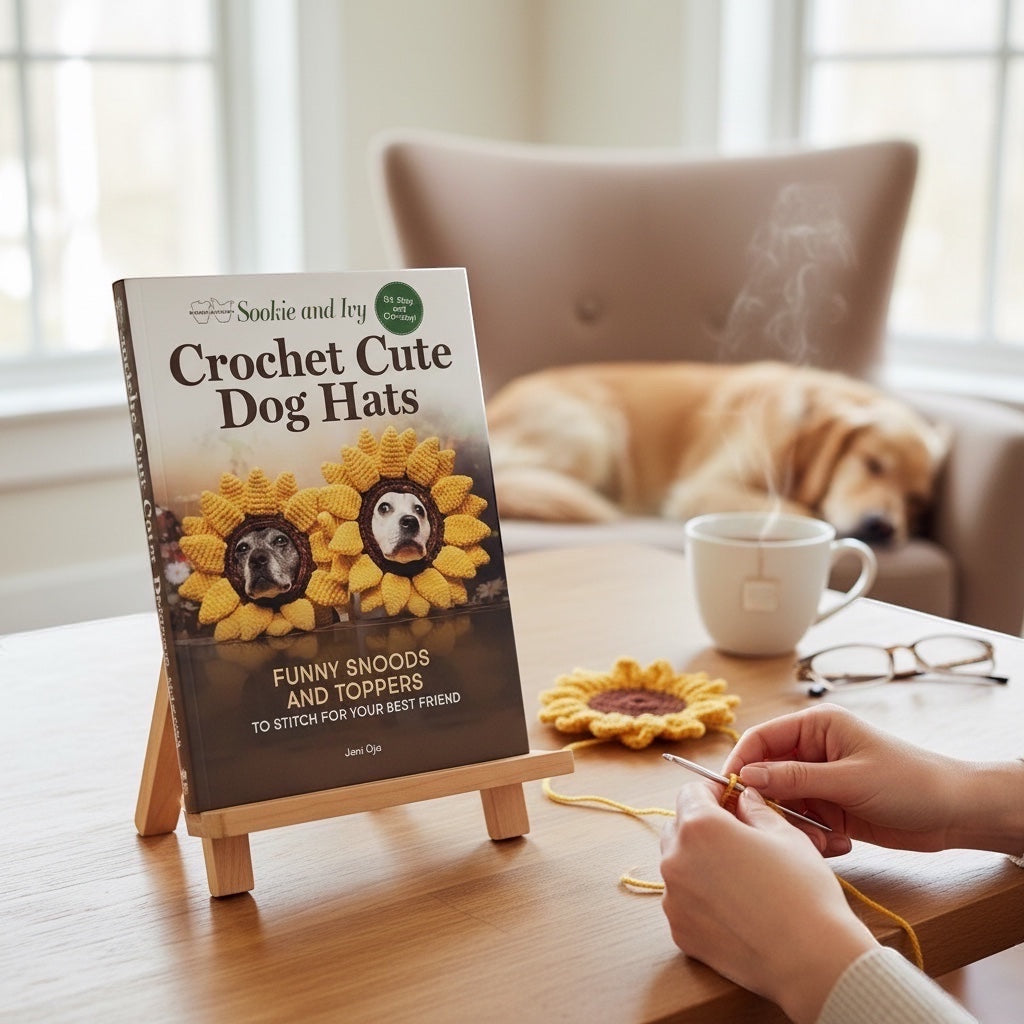 Patchwork with Busyfingers Crochet Cute Dog Hats book on a wooden stand with hands crocheting a sunflower pattern.
