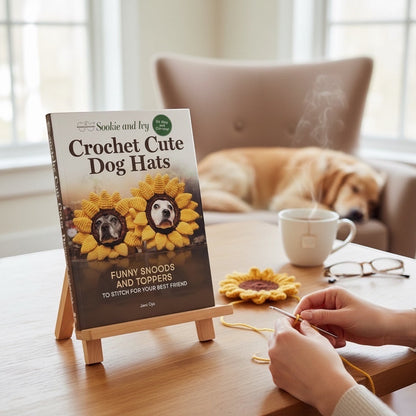 Patchwork with Busyfingers Crochet Cute Dog Hats book on a wooden stand with hands crocheting a sunflower pattern.