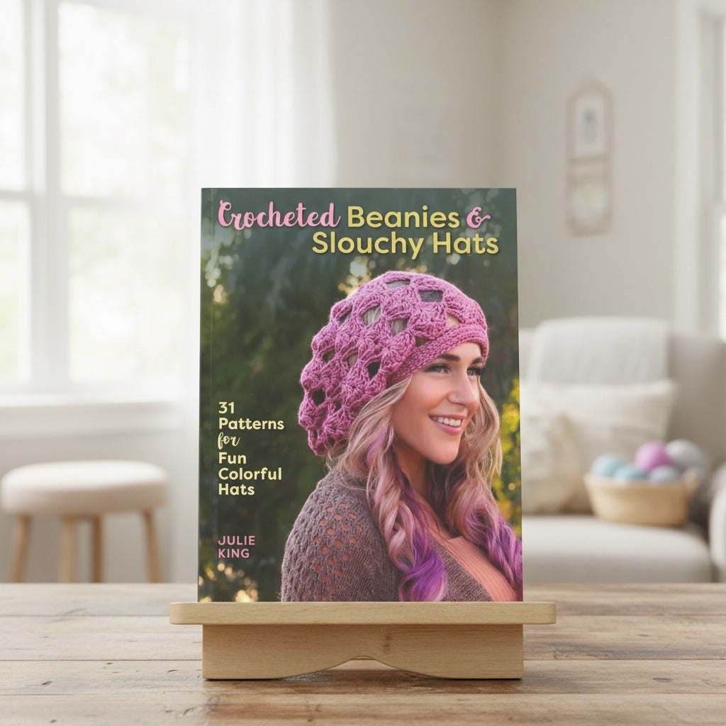 Patchwork with Busyfingers Crocheted Beanies & Slouchy Hats book cover featuring a woman wearing a pink crochet hat.