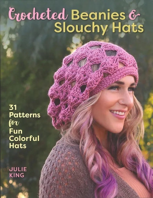 Patchwork with Busyfingers book cover featuring a woman wearing a pink crocheted slouchy hat with openwork design.