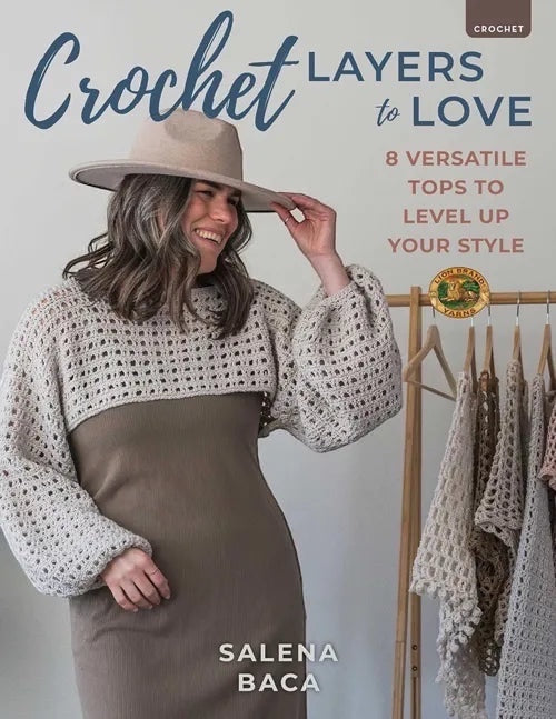 Patchwork with Busyfingers Crochet Layers to Love book cover featuring a woman wearing a beige crochet cropped sweater