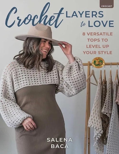 Patchwork with Busyfingers Crochet Layers to Love book cover featuring a woman wearing a beige crochet cropped sweater