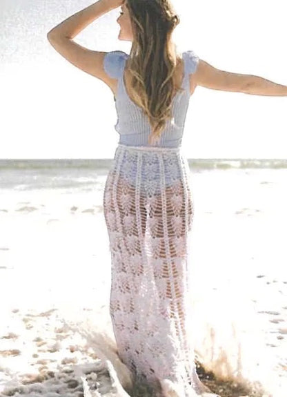 Patchwork with Busyfingers Summer Crochet book featuring a woman in a white lace crochet maxi skirt on a beach