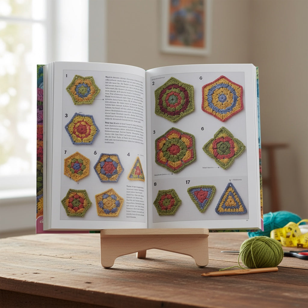 Patchwork with Busyfingers Beyond the Square crochet book open on a wooden stand showing colorful motif patterns.