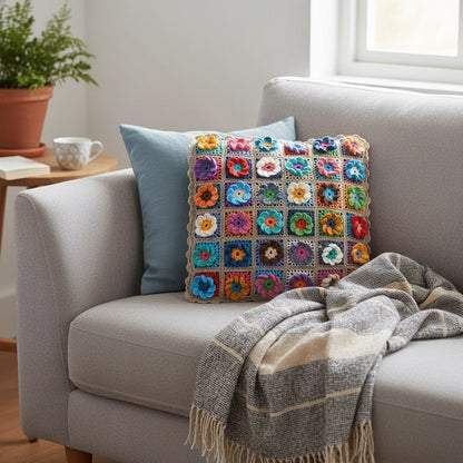 Patchwork with Busyfingers Beyond the Square Crochet Motifs book featuring a colourful floral crochet cushion on sofa