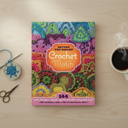 Patchwork with Busyfingers Beyond the Square Crochet Motifs book cover featuring colorful geometric crochet designs.