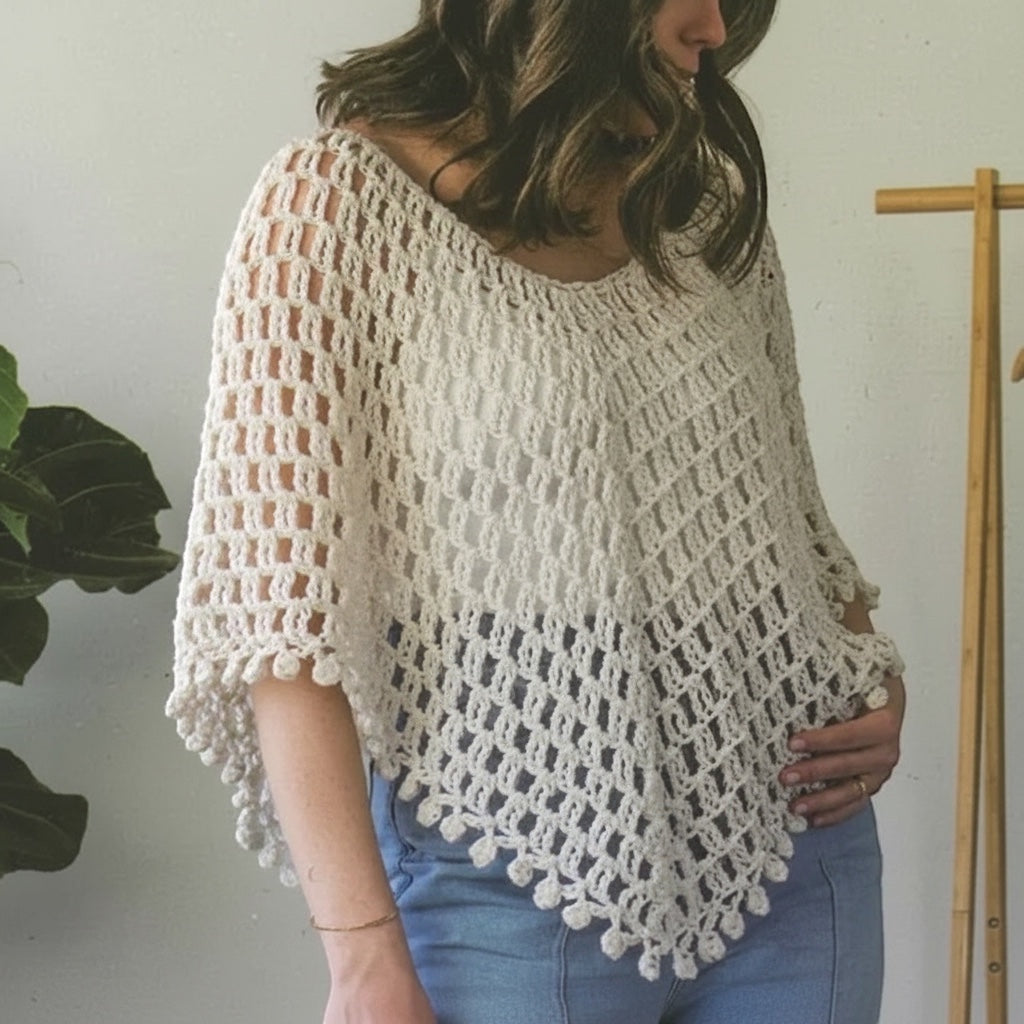 Model wearing a cream crochet poncho from the Patchwork with Busyfingers Crochet Layers to Love pattern book.