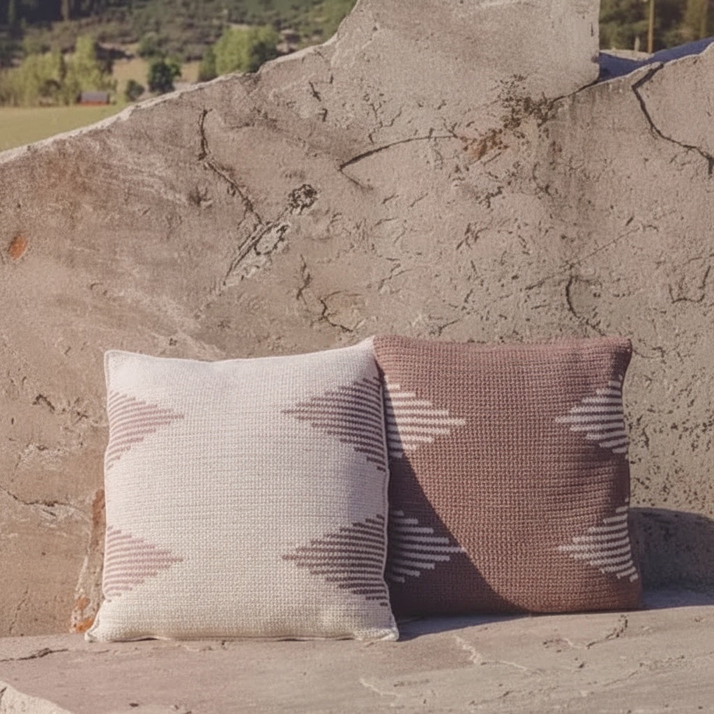 Patchwork with Busyfingers Crochet Southwest Spirit book featuring two bohemian crochet pillows with geometric patterns