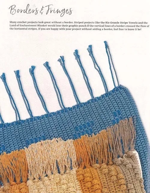 Patchwork with Busyfingers Crochet Southwest Spirit book page showing blue crochet fabric with decorative fringe
