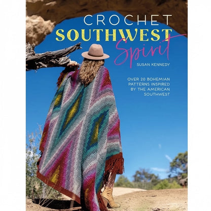 Patchwork with Busyfingers Crochet Southwest Spirit book cover featuring a woman in a bohemian crochet wrap.