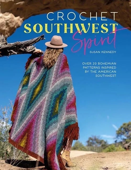 Patchwork with Busyfingers Crochet Southwest Spirit book cover featuring a woman in a colorful bohemian crochet wrap.