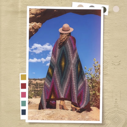 Patchwork with Busyfingers Crochet Southwest Spirit book featuring a bohemian crochet wrap in a desert landscape.