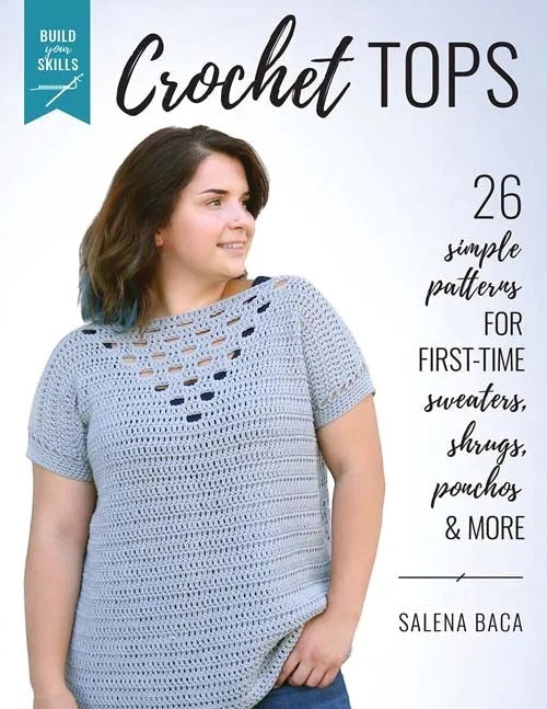 Patchwork with Busyfingers Build Your Skills Crochet Tops book cover featuring a woman wearing a light blue top.