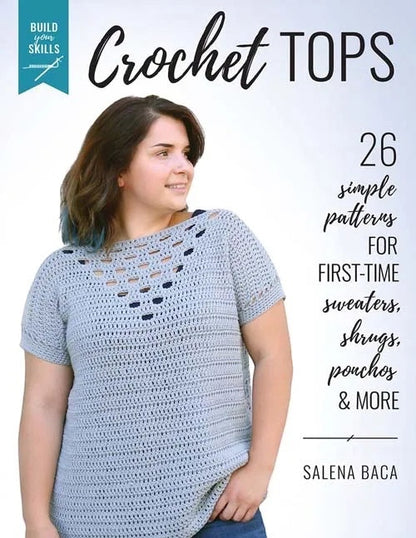 Patchwork with Busyfingers Build Your Skills Crochet Tops book cover featuring a woman wearing a light blue top.
