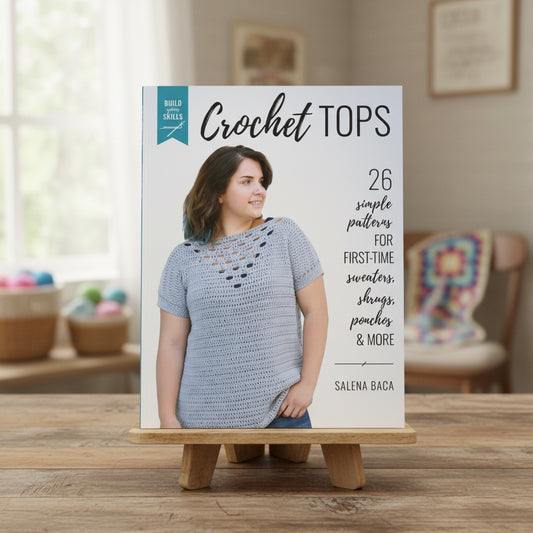 Patchwork with Busyfingers Build Your Skills Crochet Tops book cover featuring a woman wearing a light blue top.