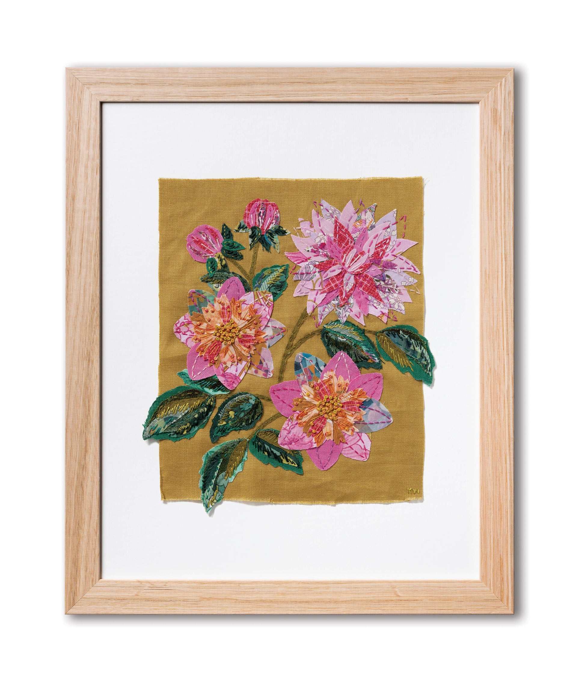 Patchwork with Busyfingers Dahlia Slow Stitching Kit featuring fabric dahlia flowers in pink and green in a wood frame
