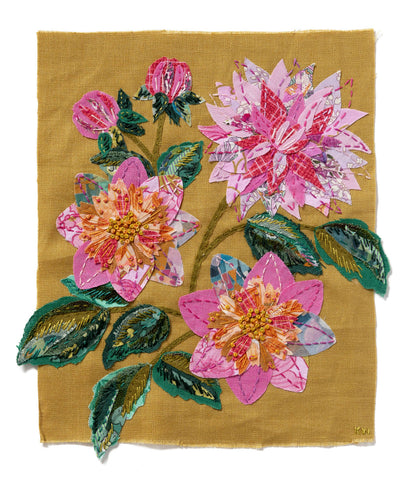 Patchwork with Busyfingers Dahlia slow stitching kit featuring fabric flowers in pink and terracotta on linen fabric.