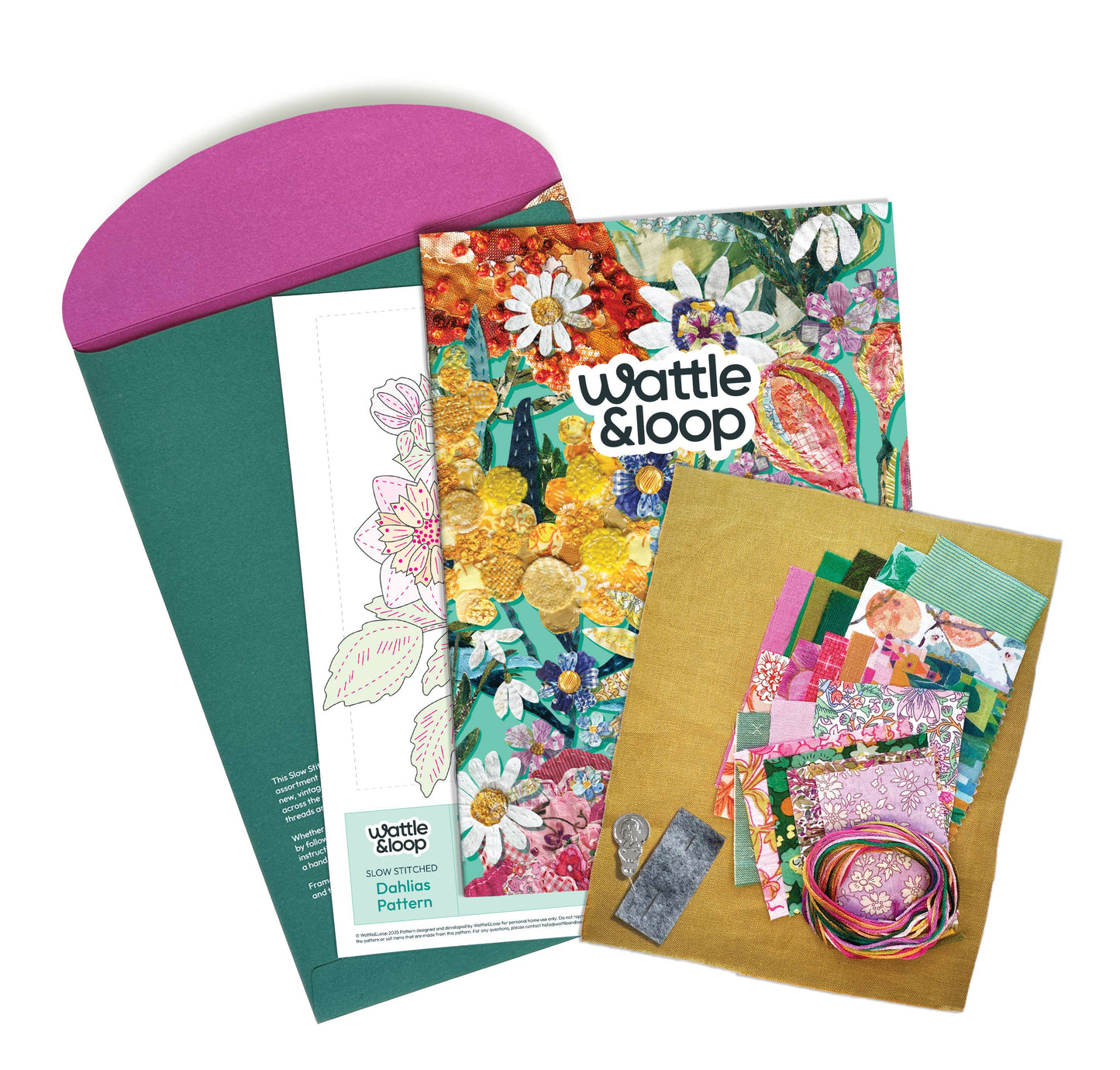 Patchwork with Busyfingers Dahlia Slow Stitching Kit with fabric scraps, embroidery threads, and pattern booklet.
