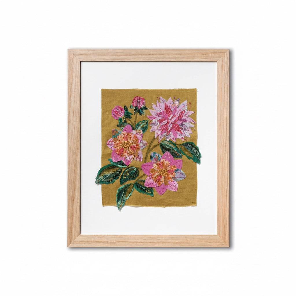 Patchwork with Busyfingers Dahlia slow stitching kit featuring fabric dahlia flowers in a light wood frame.