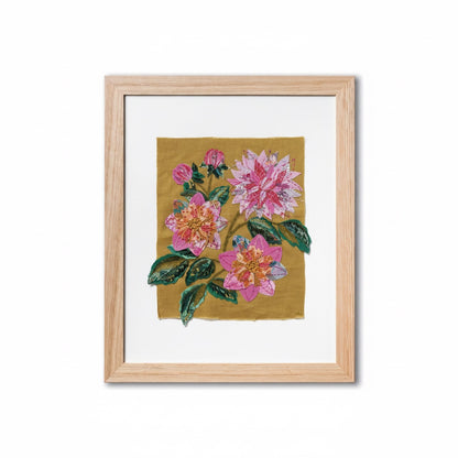 Patchwork with Busyfingers Dahlia slow stitching kit featuring fabric dahlia flowers in a light wood frame.